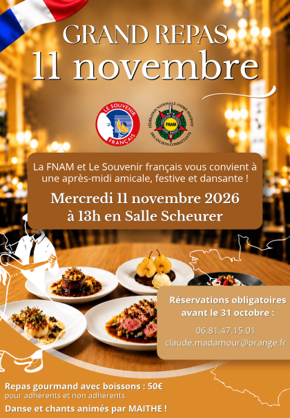Repas du 11 novembre 2026 FNAM et Souvenir Français