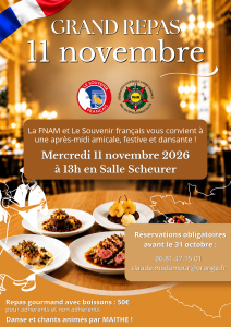 Repas du 11 novembre 2026 FNAM et Souvenir Français
